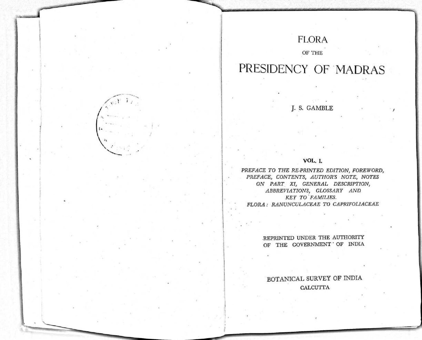 FLORA  OF THE PRESIDENCY OF MADRAS VOL I 1958