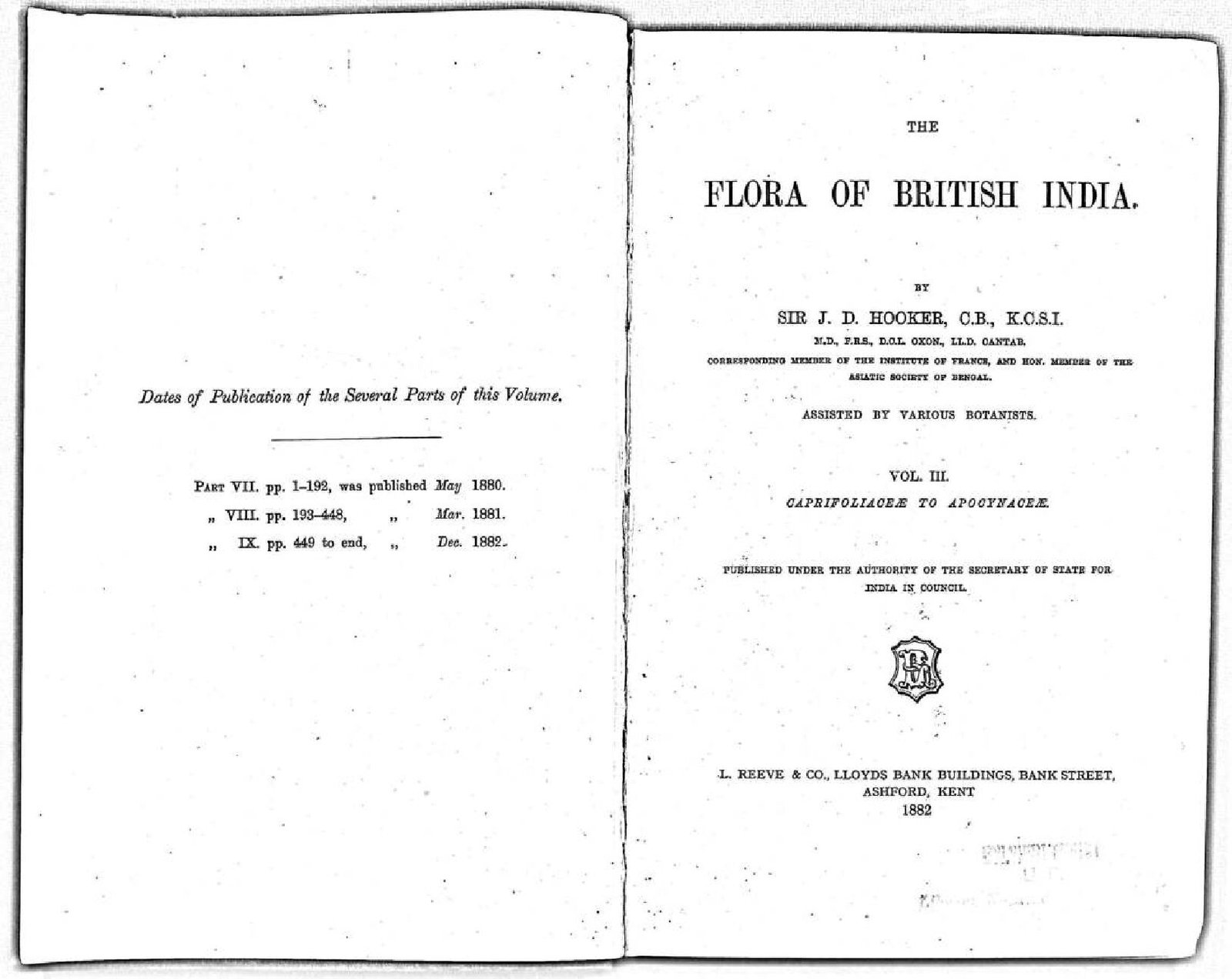 THE FLORA OF BRITISH INDIA PART I 1982