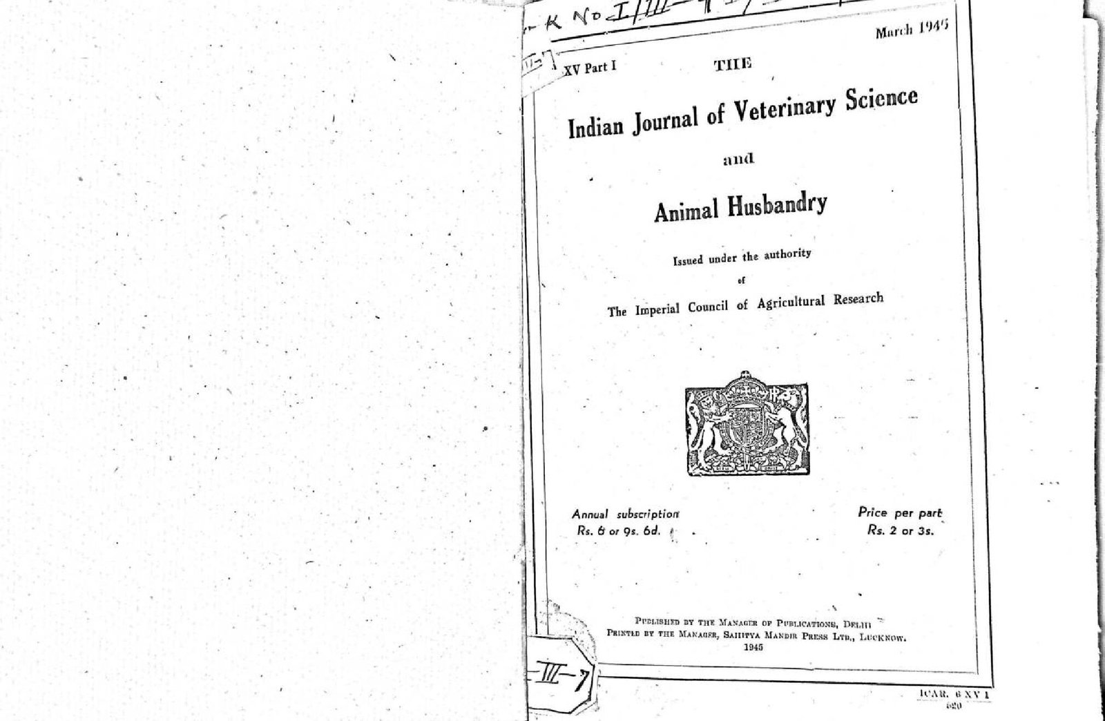 THE INDIAN JOURNAL OF VETERINARY SCIENCE AND ANIMAL HUSBANDRY 1945