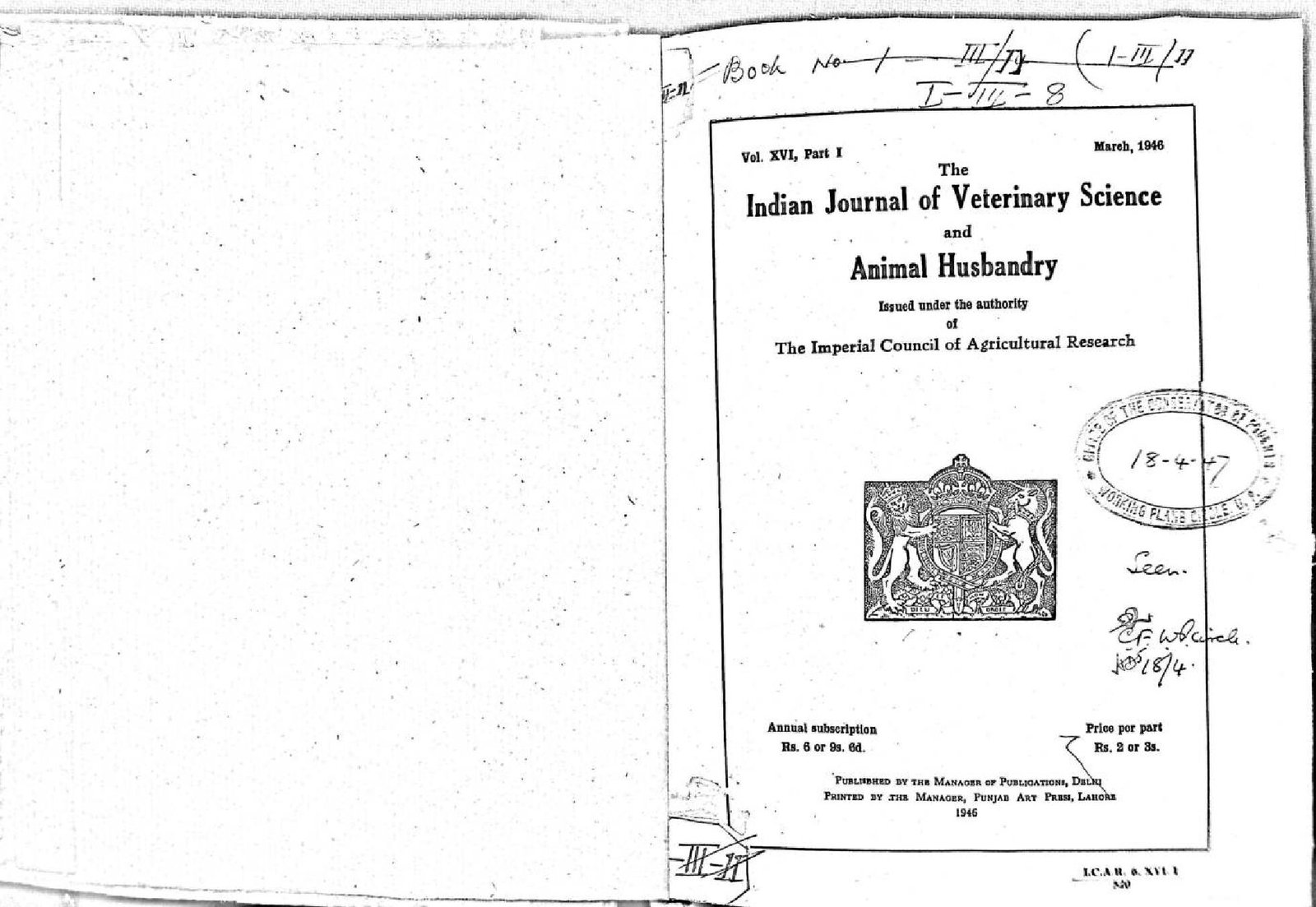 THE INDIAN JOURNAL OF VETERINARY SCIENCE AND ANIMAL HUSBANDRY 1946