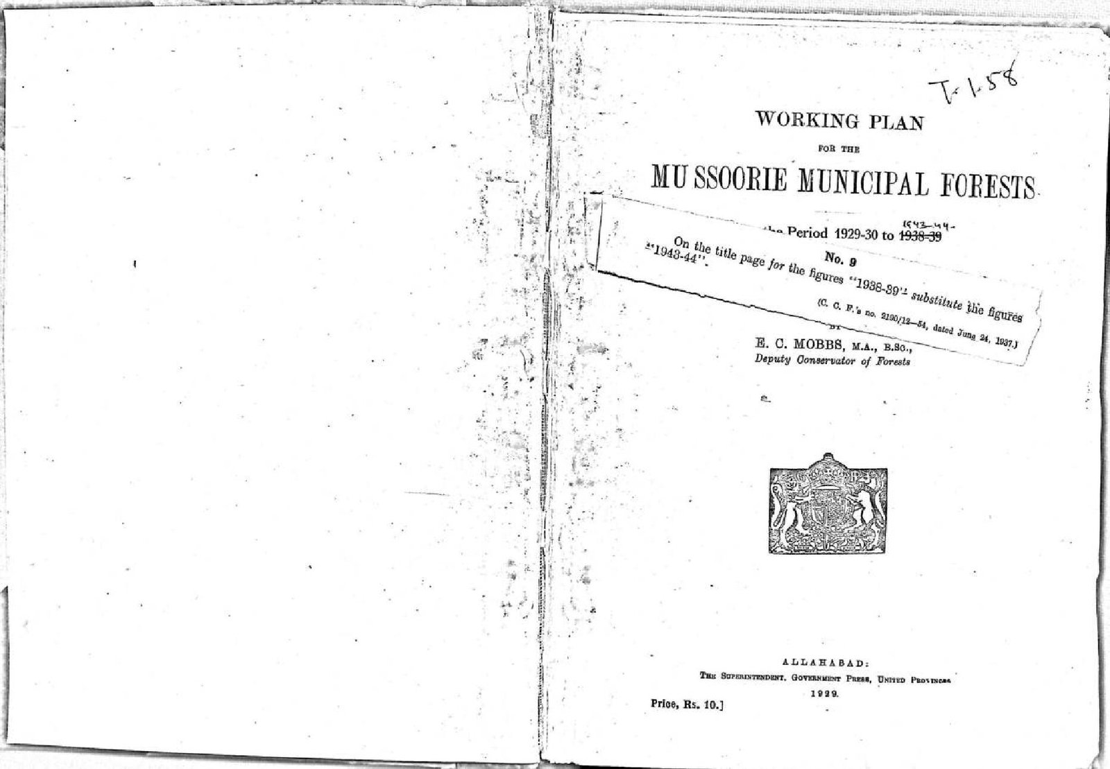 WORKING PLAN  FOR THE MU SSOORIE MUNICIPAL FORESTS  1929